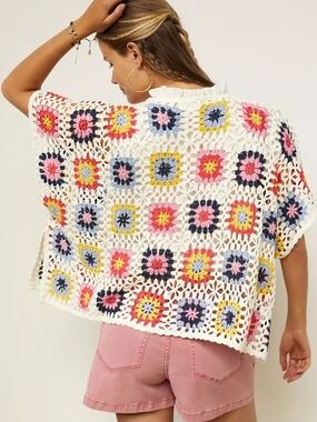Anthropologie Colorblocked Crochet Poncho Cropped Top